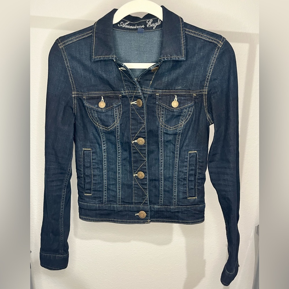 American Eagle AE Denim Jacket Women’s Size Small Dark Blue Jean Cotton